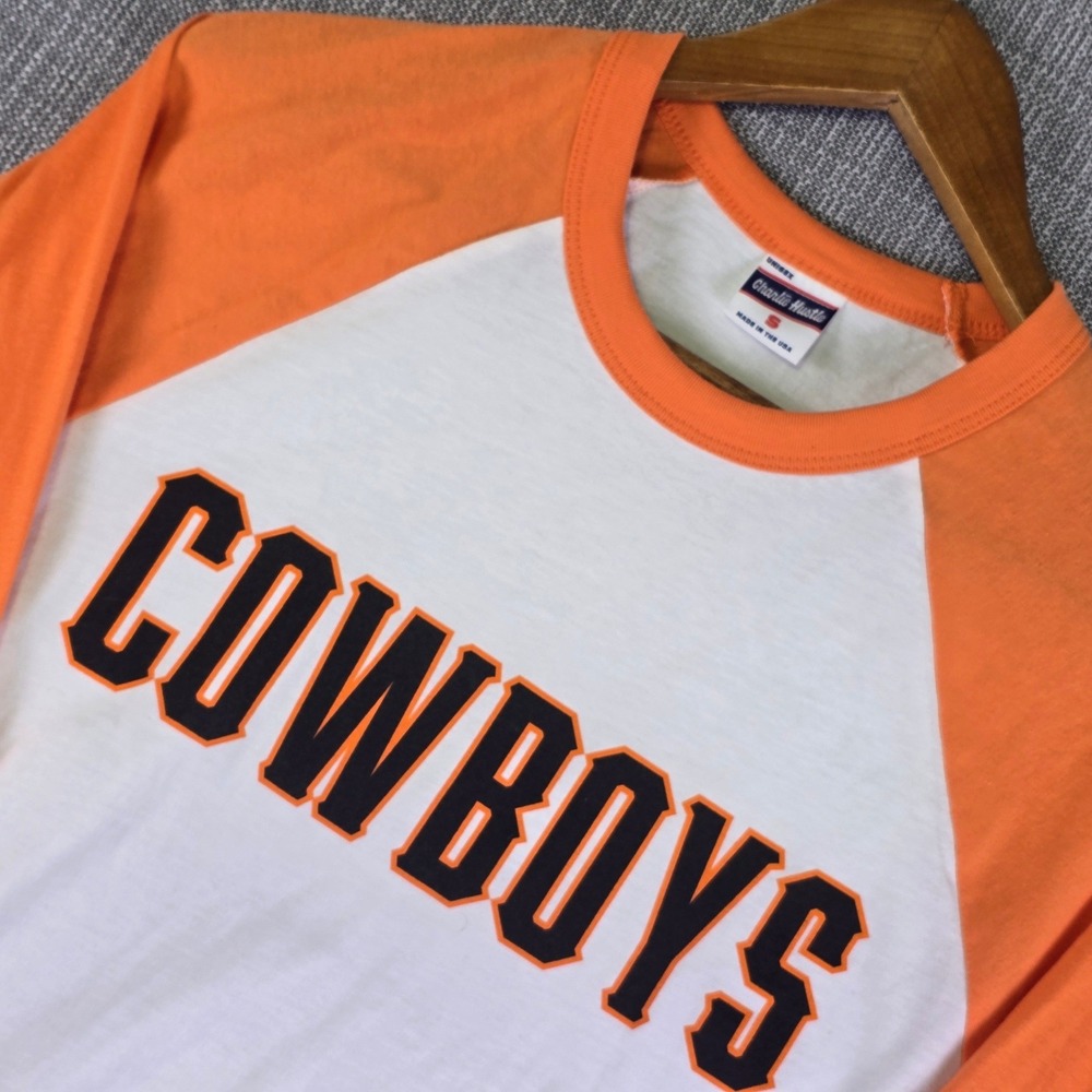 Oklahoma State Cowboys Charlie Hustle Raglan Shirt Small Orange White Retro USA
